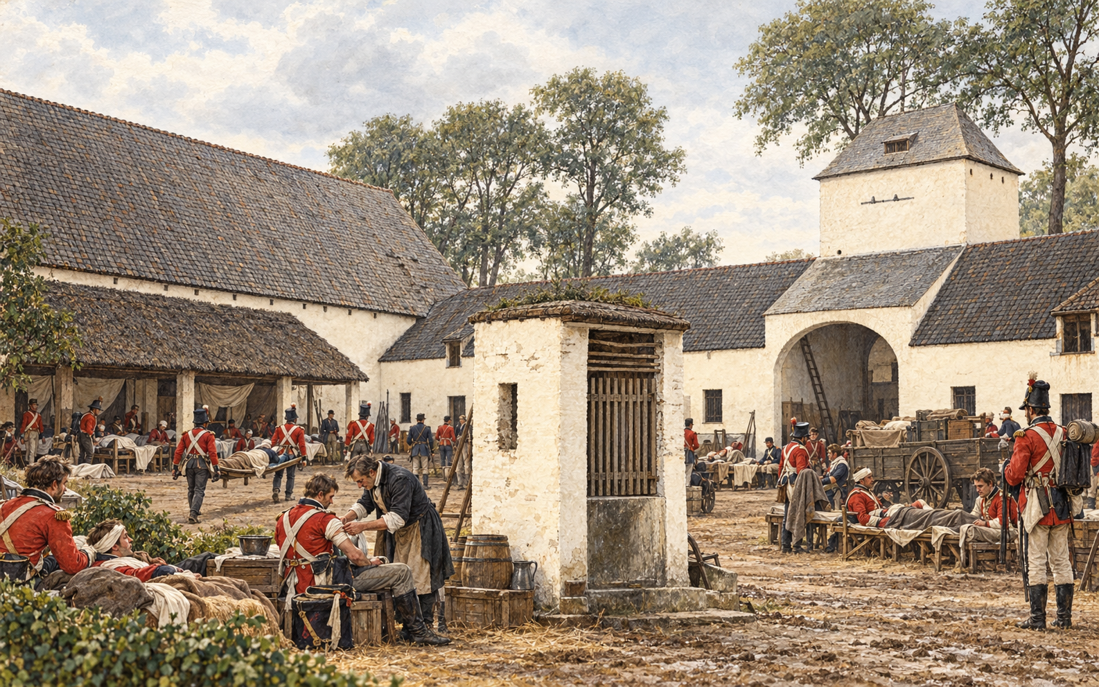 Illustration de la cour de Mont-Saint-Jean transformée en hôpital de campagne, avec des soldats et des soignants
