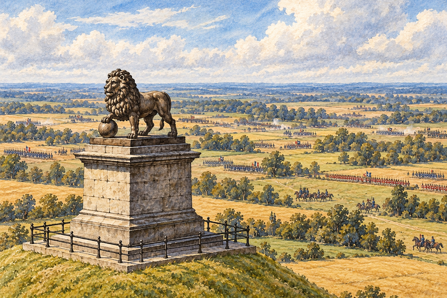 Le Lion au sommet de la butte de Waterloo, avec une évocation des troupes sur le champ de bataille en arrière-plan