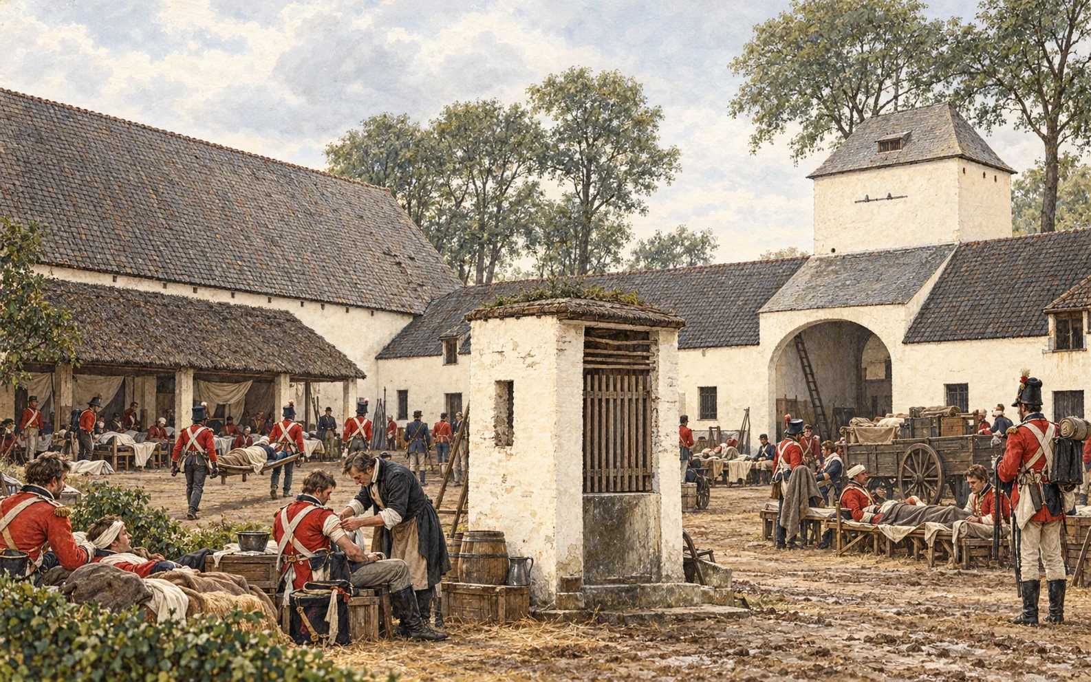 Illustration of Mont-Saint-Jean’s courtyard as a field hospital, with soldiers and caregivers